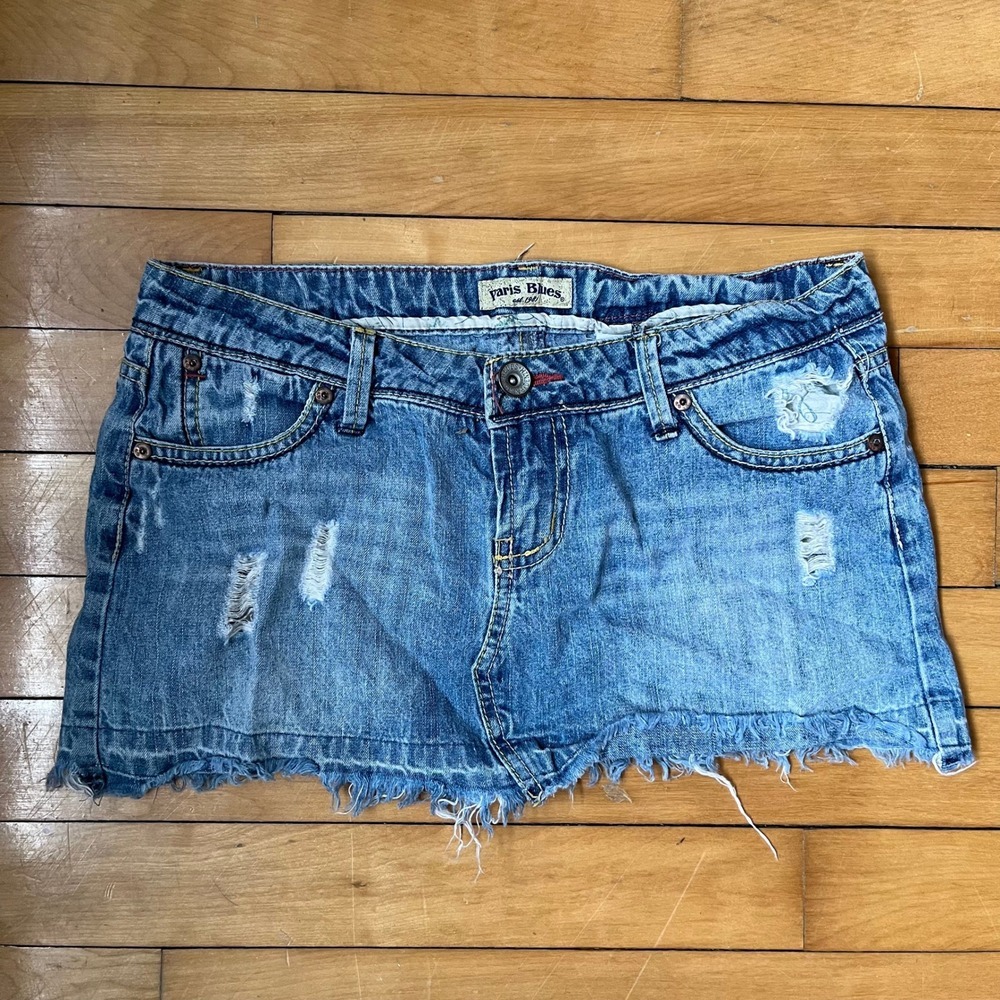 Paris Blues Distressed Denim Mini Skirt Medium Wash Low Rise Raw Y2k Size 3
